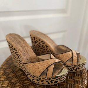 Jimmy Choo Leopard Print Cork Wedge 5” Heel, size 8